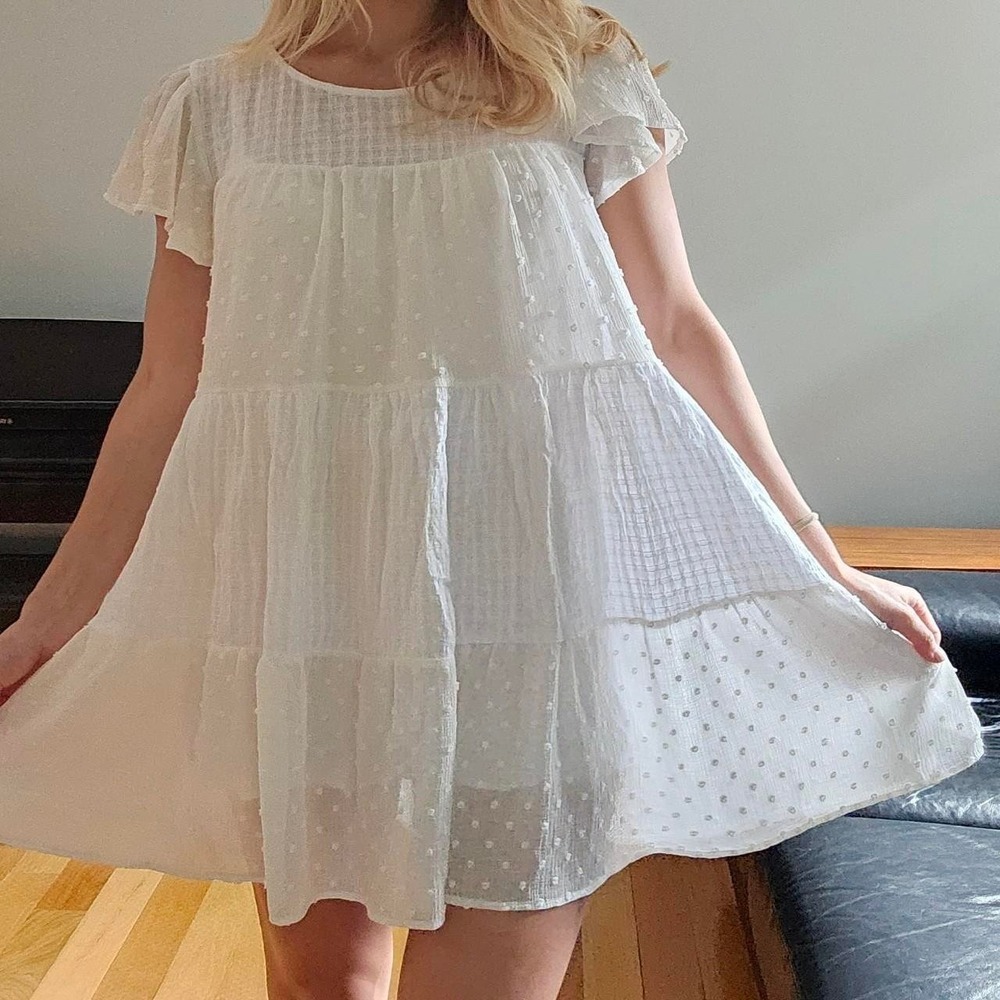Kori White Swiss Dot Tiered Mini Dress